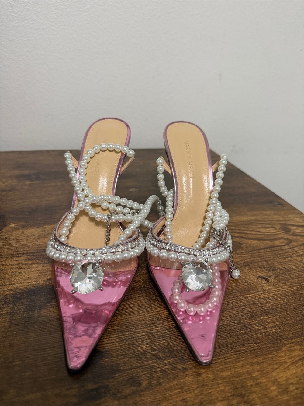 Pearl-Embellished Pink Pointed Toe Mule